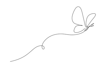 One line butterfly vector illustration. Outline animal. Continuous single hand drawn sketch. Summer insect in trendy doodle style