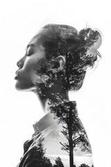 Fototapeta premium Woman silhouette black and white collage style isolated on white background