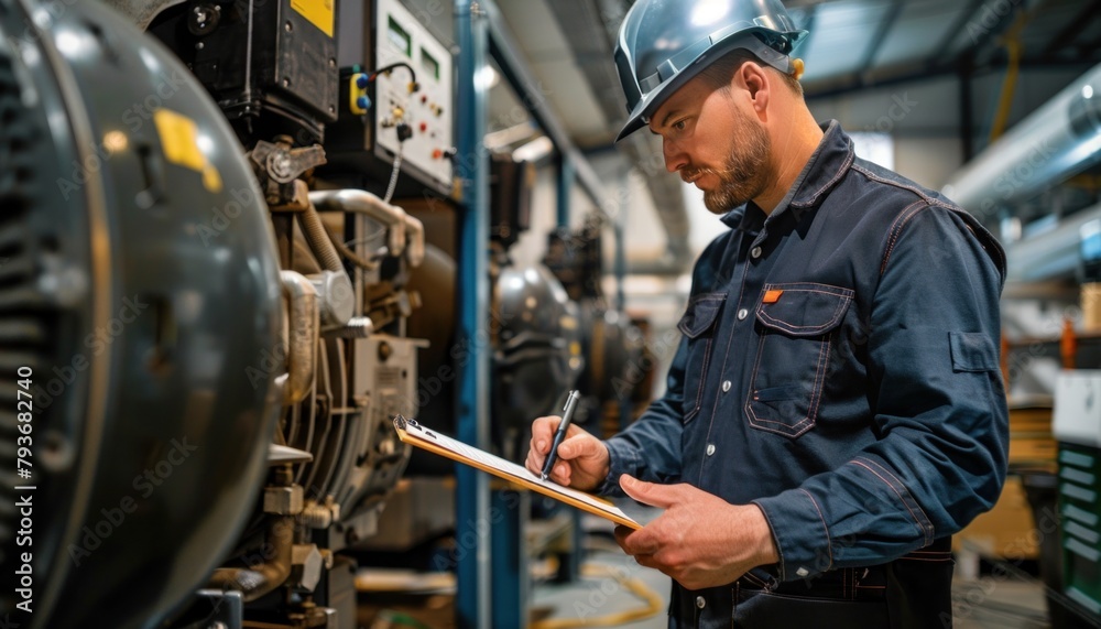 Wall mural Mechanic working on automotive tire machine, writing on clipboard in factory