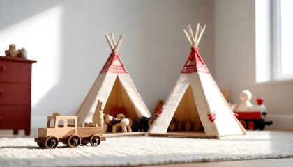 a toy tepee in the centre of the room. next to it a small wooden horse toy. next to it a wooden train toy set