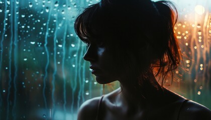 a woman is standing in front of a window with rain drops on it