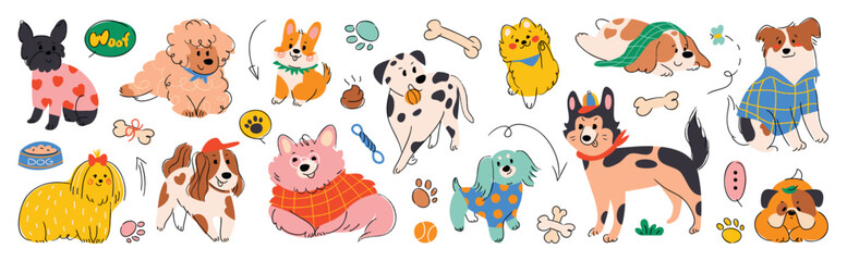Set of cute dogs clipart vector. Lovely dog and friendly puppy doodle pattern in different poses and breeds with costume. Adorable funny pet and many characters hand drawn collection. © TWINS DESIGN STUDIO