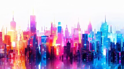 Electric cityscapes alive with color and vitality, depicted in dazzling neon against a blank white background - obrazy, fototapety, plakaty