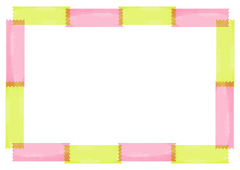 ピンクと黄緑の水彩マスキングテープのフレーム　枠　春　サイズ比率3:4