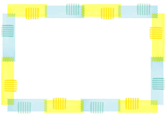 黄色と水色の水彩マスキングテープのフレーム　枠　　夏　サイズ比率3:4