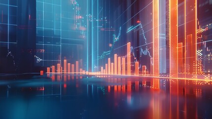 Vibrant financial data visualization with glowing graphs. Modern stock market or forex trading. Graphical interface showing economic growth. Dynamic, digital feel perfect for business analytics. AI