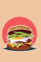 Vecotiral illustration of breaded chicken burger, avocado, mayonnaise, egg and semi-cured cheese