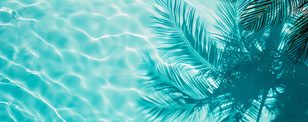 Fototapeta na wymiar Shadow of a palm tree falls on the turqoise water in the pool top view background copy space for text.