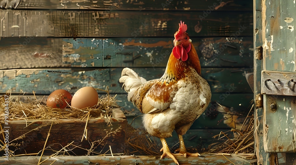 Canvas Prints Proud Rooster Standing Near Fresh Eggs on a Rustic Farm. Countryside Morning Scene Captured in Warm Light. Perfect for Agriculture and Livestock Concepts. AI