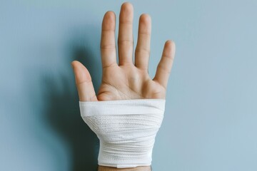 Female with bandaged hand using medical gauze for protection of an injury in a close up shot