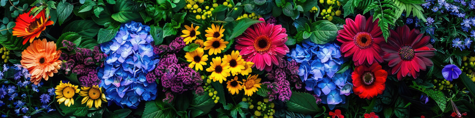 A collection of vibrant flowers arranged closely together, showcasing a variety of colors and shapes in one cohesive display