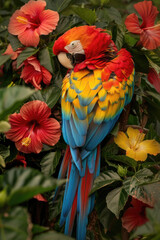 Obraz premium A vibrant parrot with diverse feathers sits atop a leafy tree branch