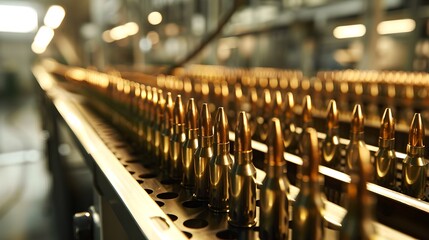 Golden bullet casings on production line. Industrial manufacturing process. Close-up of ammunition factory, metal precision and engineering. AI