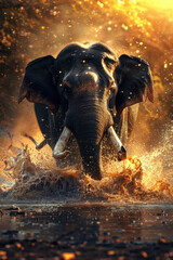 An elephant is joyfully splashing water with its trunk in a body of water, creating a refreshing spray