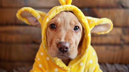 A brown dog dressed in a vibrant yellow outfit adorned with white polka dots