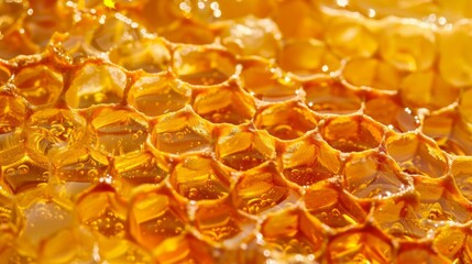 Close-up of golden honeycomb with honey. Macro photography of bee products in the apiary in summer.
