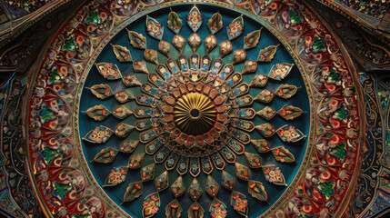 The ceiling of a building is covered in intricate and colorful decorations, showcasing a vibrant design with various patterns and details