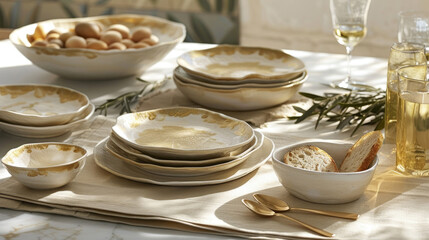 A table displaying an assortment of plates and bowls filled with various types of food