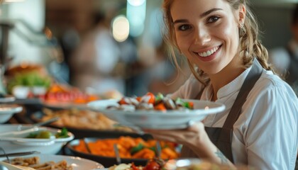 A woman smiles holding a plate of seafood dish at the buffet table