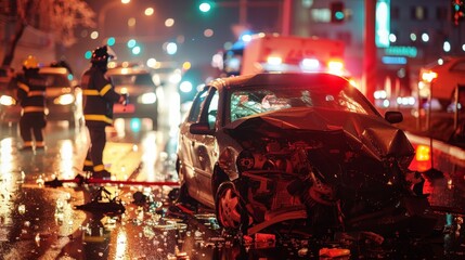 Against the backdrop of flashing lights, the car crash aftermath evokes a sense of shock and disbelief, as emergency responders work swiftly to assess the situation and render aid.