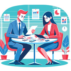 illustration of a businessman and a businesswoman brainstorming a project over a table