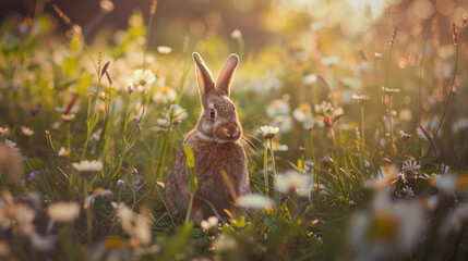 A rabbit rests in the midst of colorful flowers in a vibrant field - obrazy, fototapety, plakaty