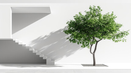 A small tree planted in a planter stands in front of a white wall, showcasing a simple and minimalist outdoor decor