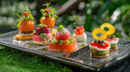 Obraz premium A tray filled with assorted food items with a number placed on top