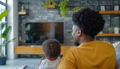 Man and child in house, sharing couch, watching TV