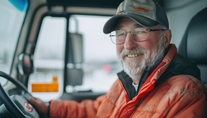 Old man with beard sitting in truck drivers seat, smiling - Powered by Adobe