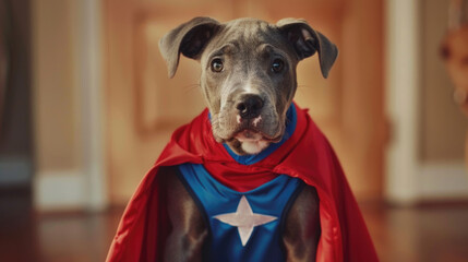 A dog dressed in a red cape and blue shirt is standing in a playful pose