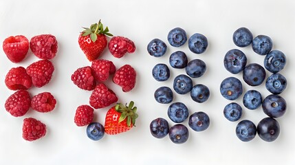 Vibrant Red Raspberries and Lush Blueberries Arranged Neatly on a White Background. Freshness Concept. Ideal for Food Blogs and Healthy Eating Promotions. AI