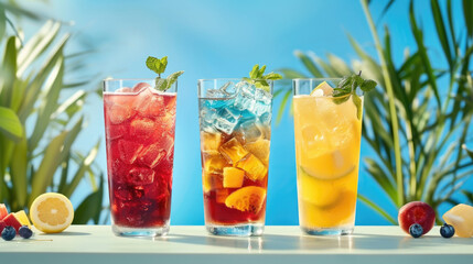A lineup of assorted drinks in various types of glasses, showcasing a range of colors and textures