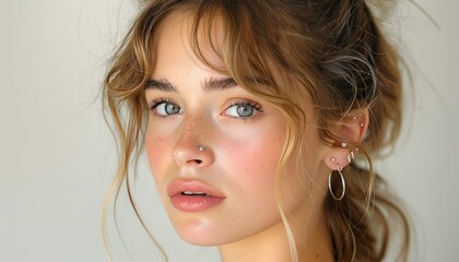 a close up of a woman s face with a nose ring and hoop earrings