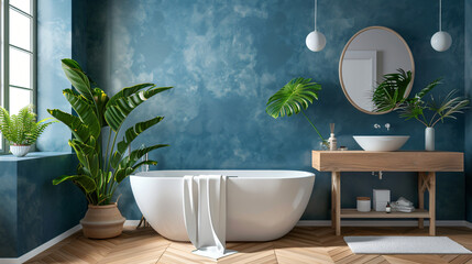 Interior of modern bathroom with blue and white walls