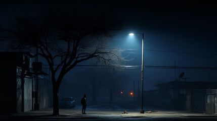 Street light in the dark misty night. Minimaism. Ai generative.