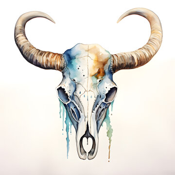 Boho Bull skull watercolor isolated on white background