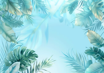 Fototapeta na wymiar Tropical palm leaves on light blue background. Summer composition. Flat lay, top view, copy space