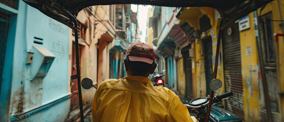 Rickshaw driver skillfully navigating through a tight alleyway filled with colorful buildings and pedestrians.