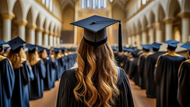 Graduates are stand up in line to get your degree , college graduates standing in a row and smiling.   view of university graduates wearing graduation gown and cap in the commencement day,