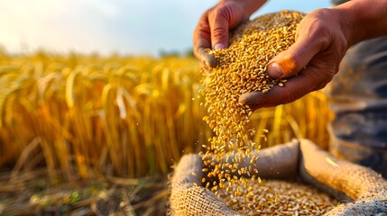 Freshly harvested golden grains pouring into burlap sack in sunlit field. Sustainable agriculture and farming. Hands of a farmer at work. AI - obrazy, fototapety, plakaty