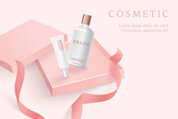 Cosmetic product ads template on pink background with gift box ribbon.