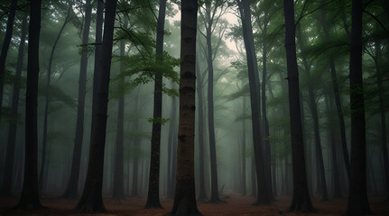 fog in the forest, morning in the forest, Dense forest view capturing trees in various life stages - from saplings to towering mature trees - wide format