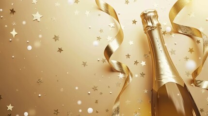 Champagne bottle with glittering confetti stars. A celebratory cava bottle surrounded by ribbons, and baubles on a color background, depicting festivity and luxury. Great design for postcard, banners