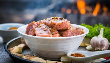 Close-up of bowl of raw marinated pork. Spicy marinade. Fresh meat pieces. Steak for BBQ.