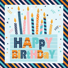 Birthday card design with colorful candles and lettering
