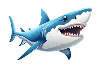 An animated blue shark cartoon with a fierce grin, showcasing sharp teeth and a dynamic pose. Generative AI
