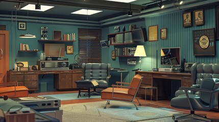 A retro-inspired 3D illustration of a newsroom set  AI generated illustration