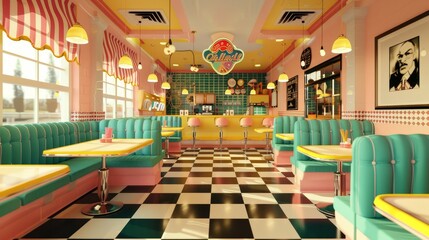 A retro-inspired 3D diner with vintage decor and checkered floors  AI generated illustration