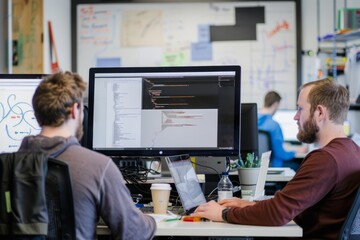 rofessional Photography showcasing a software development team immersed in their coding environment, surrounded by computer monitors, Generative AI